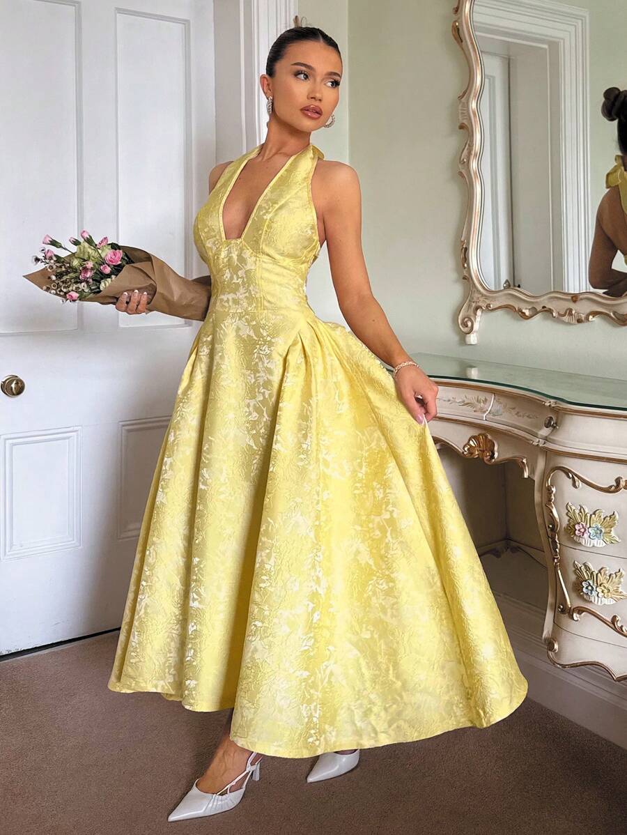 Women’s Midi Dress with Halter Neckline and Corset Bodice