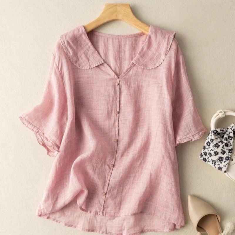 Women’s Vintage Inspired Blouse with Scalloped Collar and Button Down Front