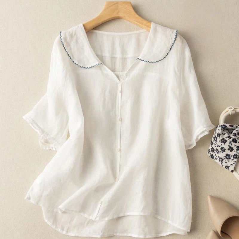 Women’s Vintage Inspired Blouse with Scalloped Collar and Button Down Front