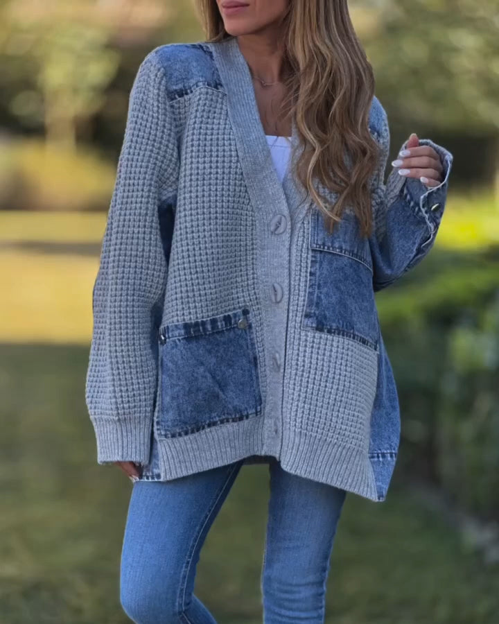 Ceylan Women’s Knitted Cardigan with Denim Patchwork Detail