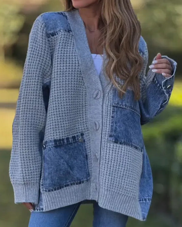Ceylan Women’s Knitted Cardigan with Denim Patchwork Detail
