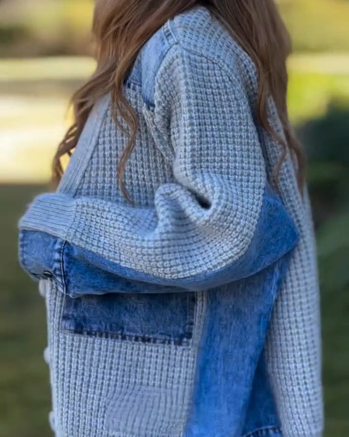 Ceylan Women’s Knitted Cardigan with Denim Patchwork Detail