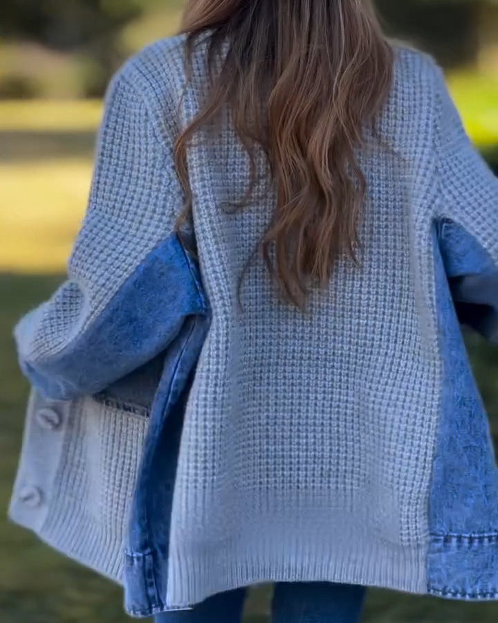 Ceylan Women’s Knitted Cardigan with Denim Patchwork Detail