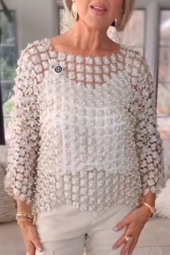 Ceylan Women’s Chiffon Blouse with Faux Pearl Beaded Detail