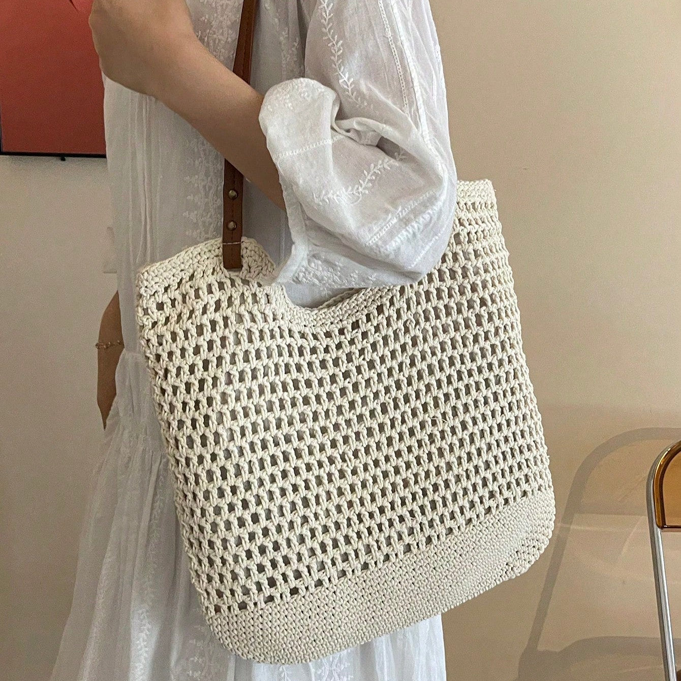 Women’s Crochet Tote Bag Leather Straps Open Weave Cotton Mesh Shoulder Purse