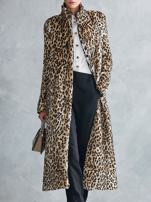 Premium Faux Short-Pile Leopard Print Stand-Collar Coat
