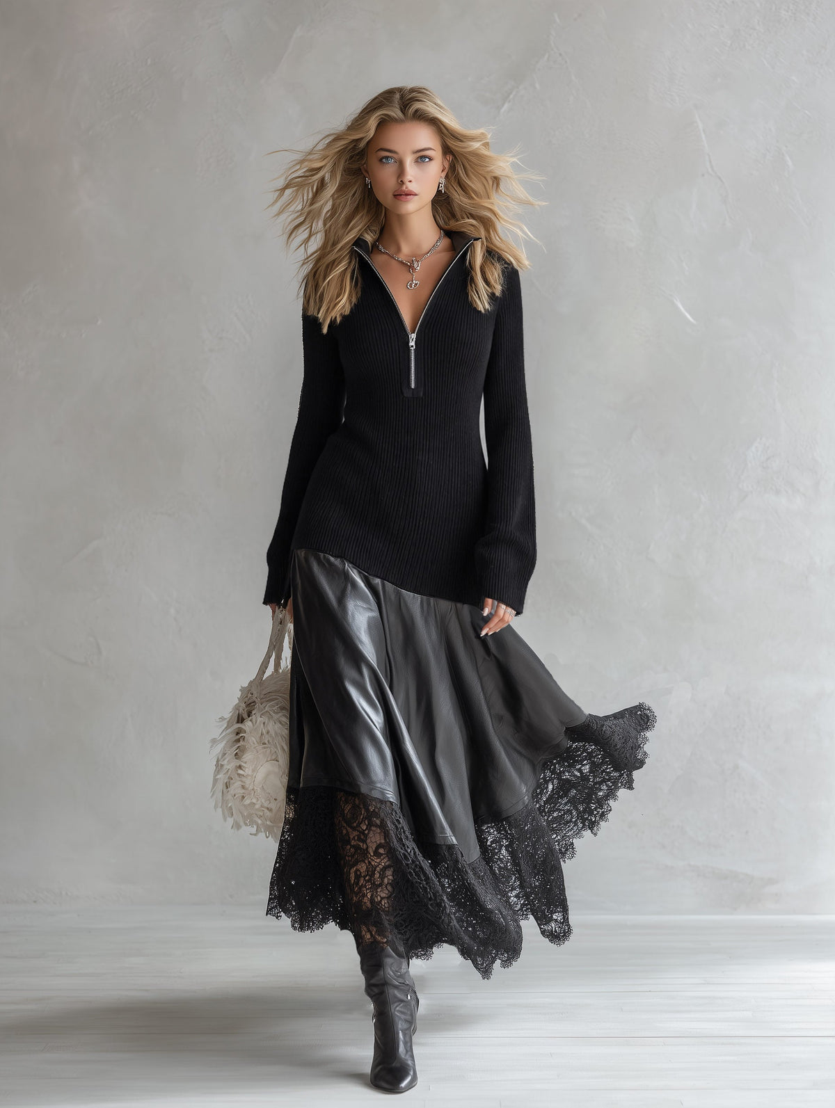 Elegant Urban Style Lace-Hem Black Knit & PU Patchwork Maxi Dress