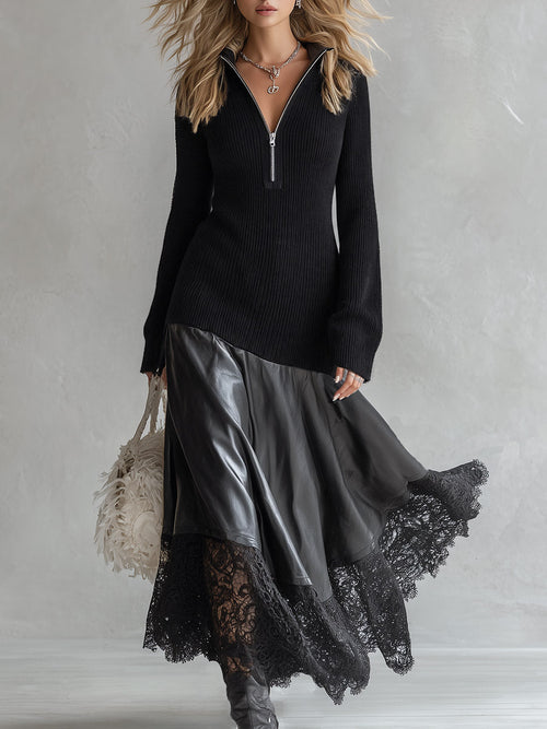 Elegant Urban Style Lace-Hem Black Knit & PU Patchwork Maxi Dress