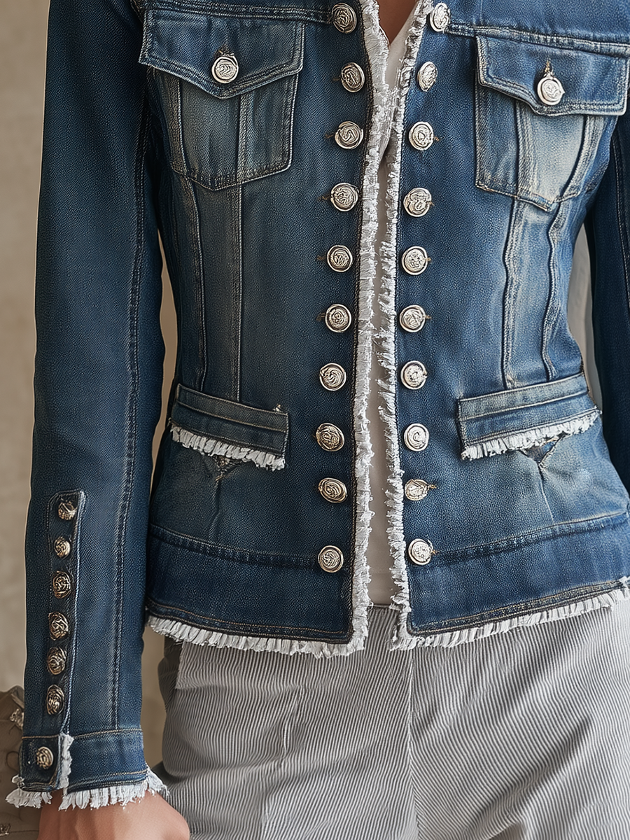 Military Button Frayed Denim Jacket For Women