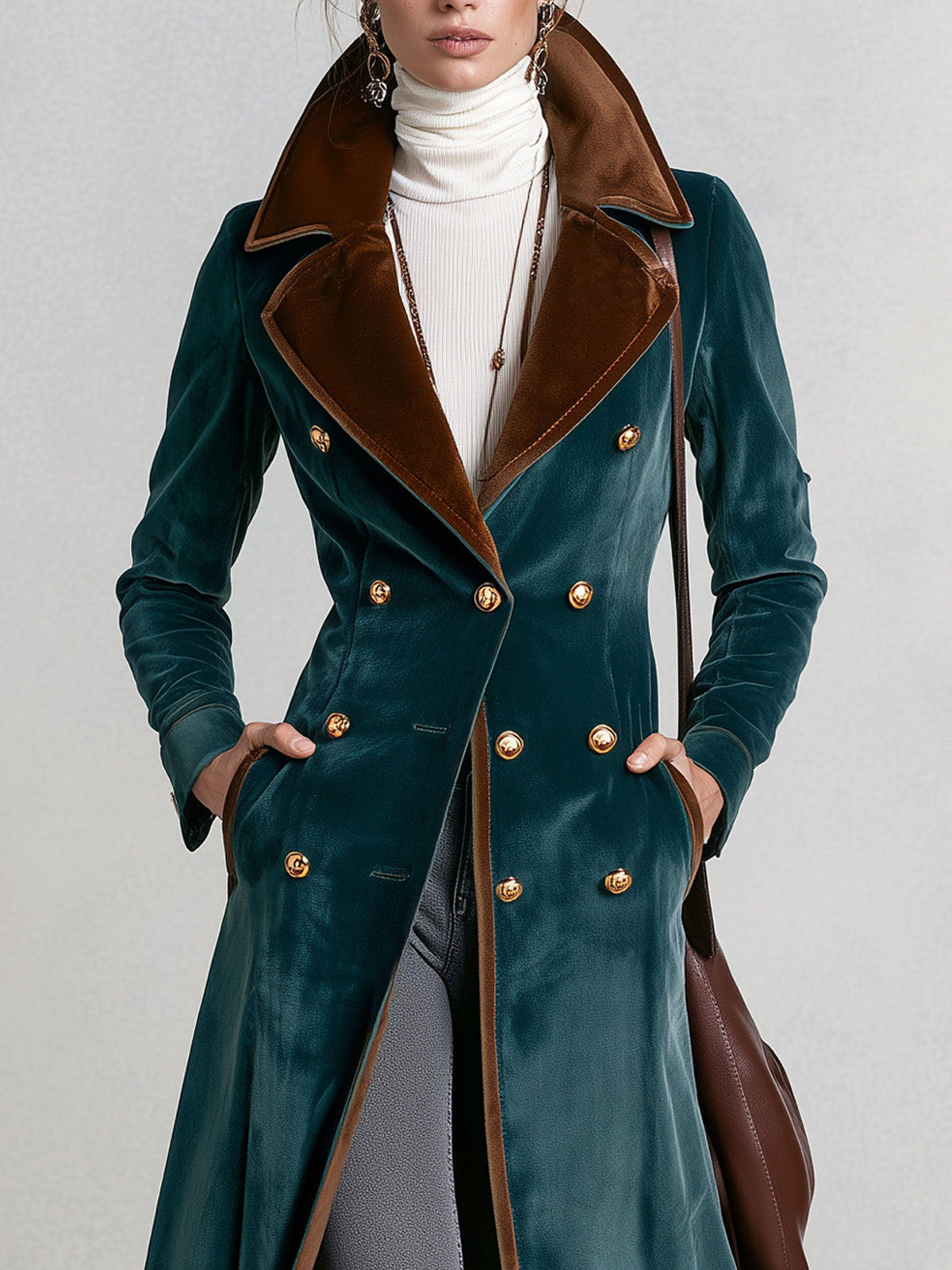 Casual Retro Metal Buckle Color-blocked Lake Blue Velvet Long Coat