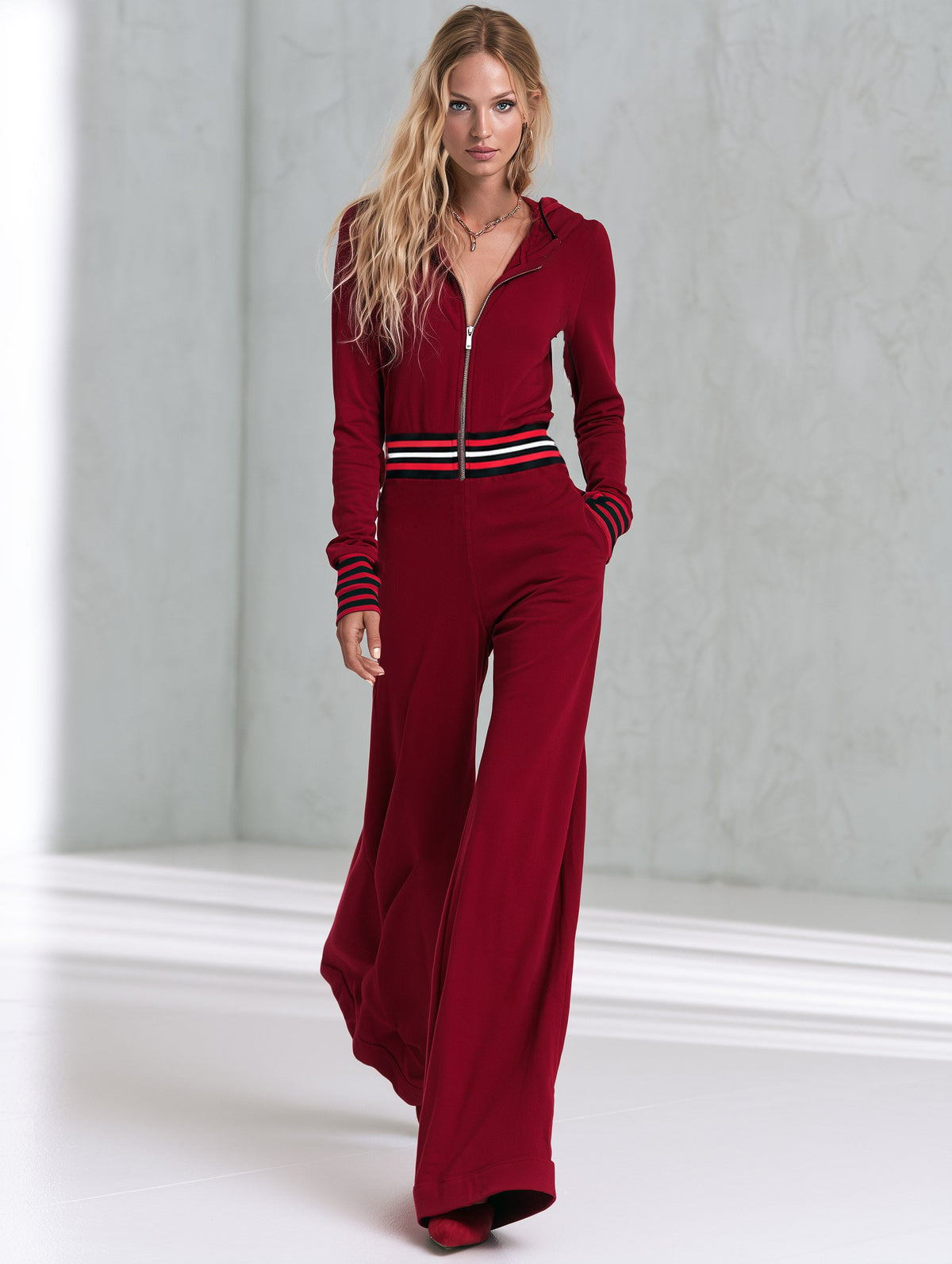 Casual Sporty Style With Striped Trim Red Hooded Cotton Jumpsuit