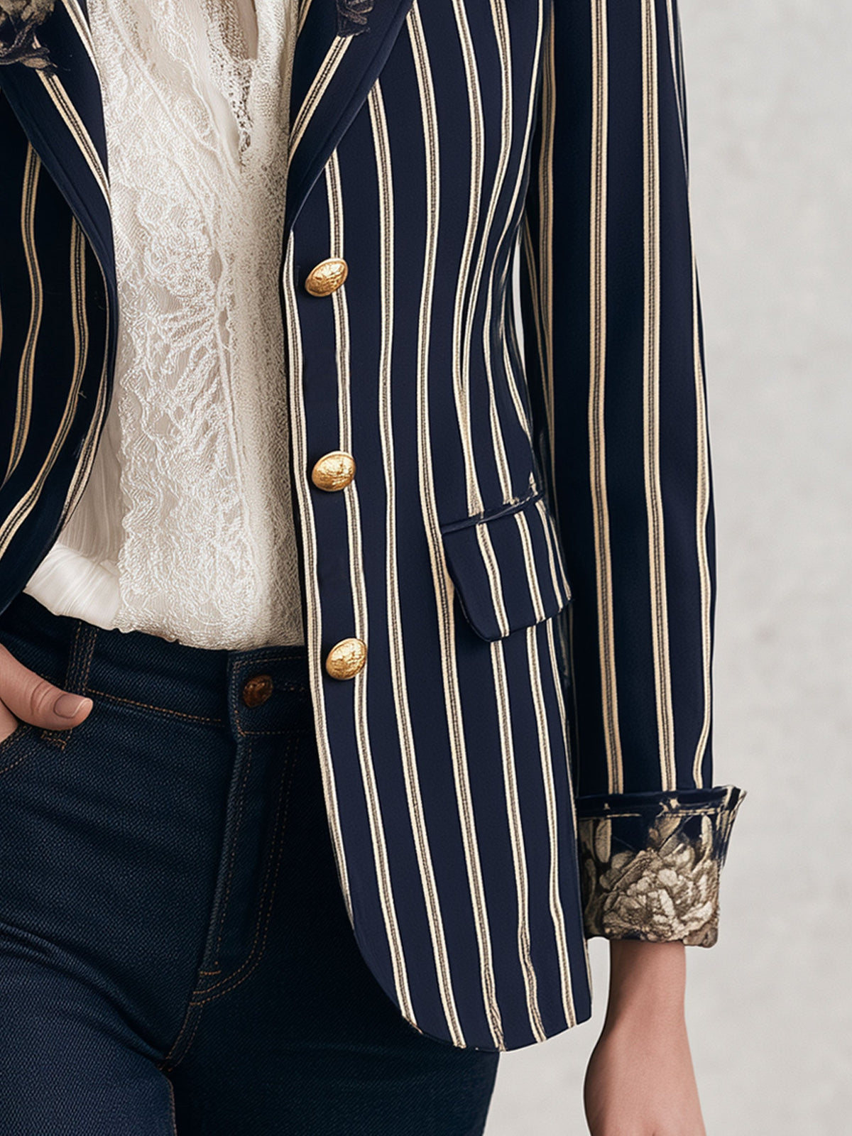 Fashionable Retro Peony Striped Navy Blue Suit Jacket
