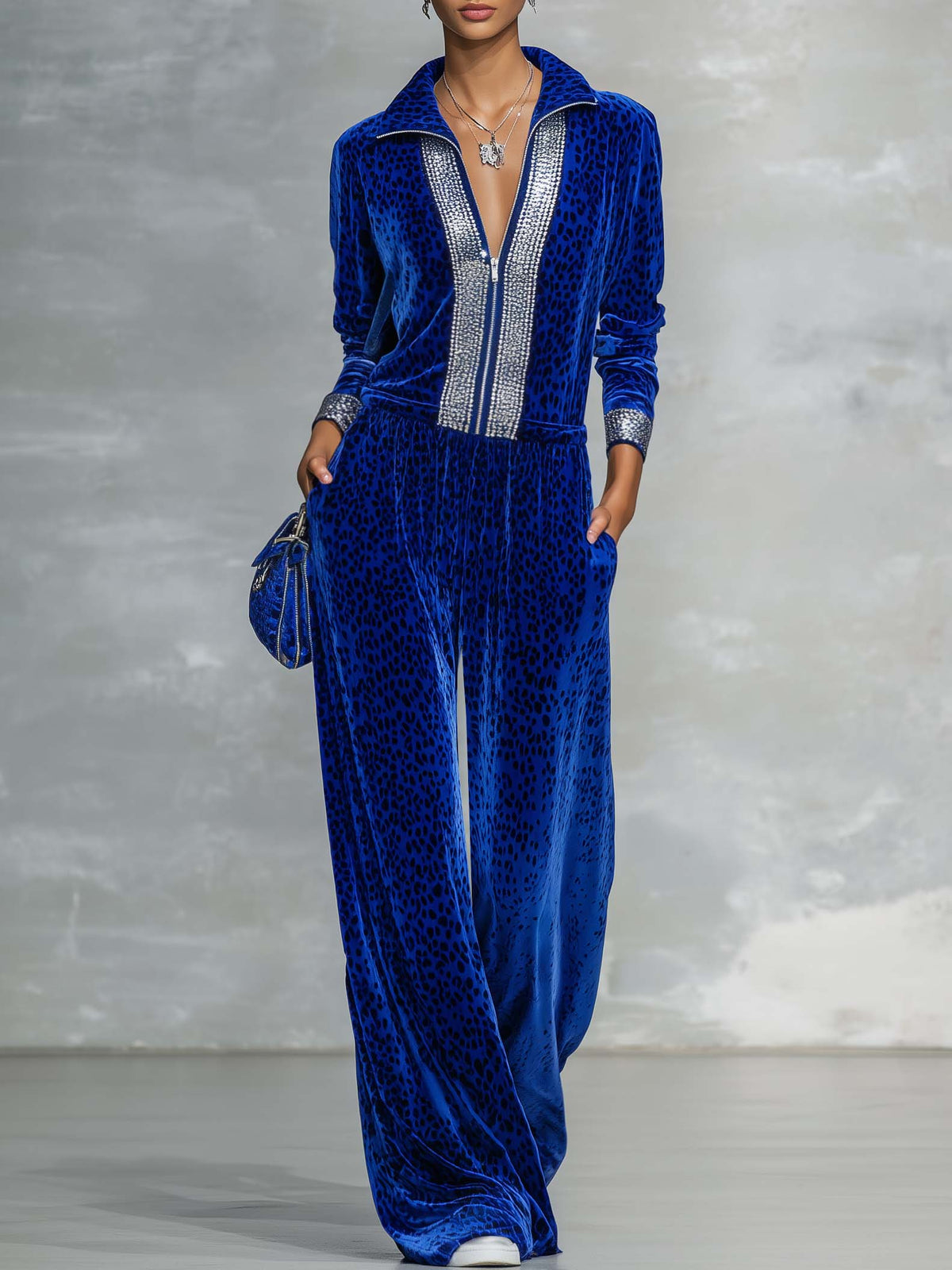 Glam Retro Sporty Women's Royal Blue Velvet Leopard Rhinestone Zip Top Pants Set