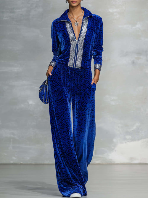 Glam Retro Sporty Women's Royal Blue Velvet Leopard Rhinestone Zip Top Pants Set