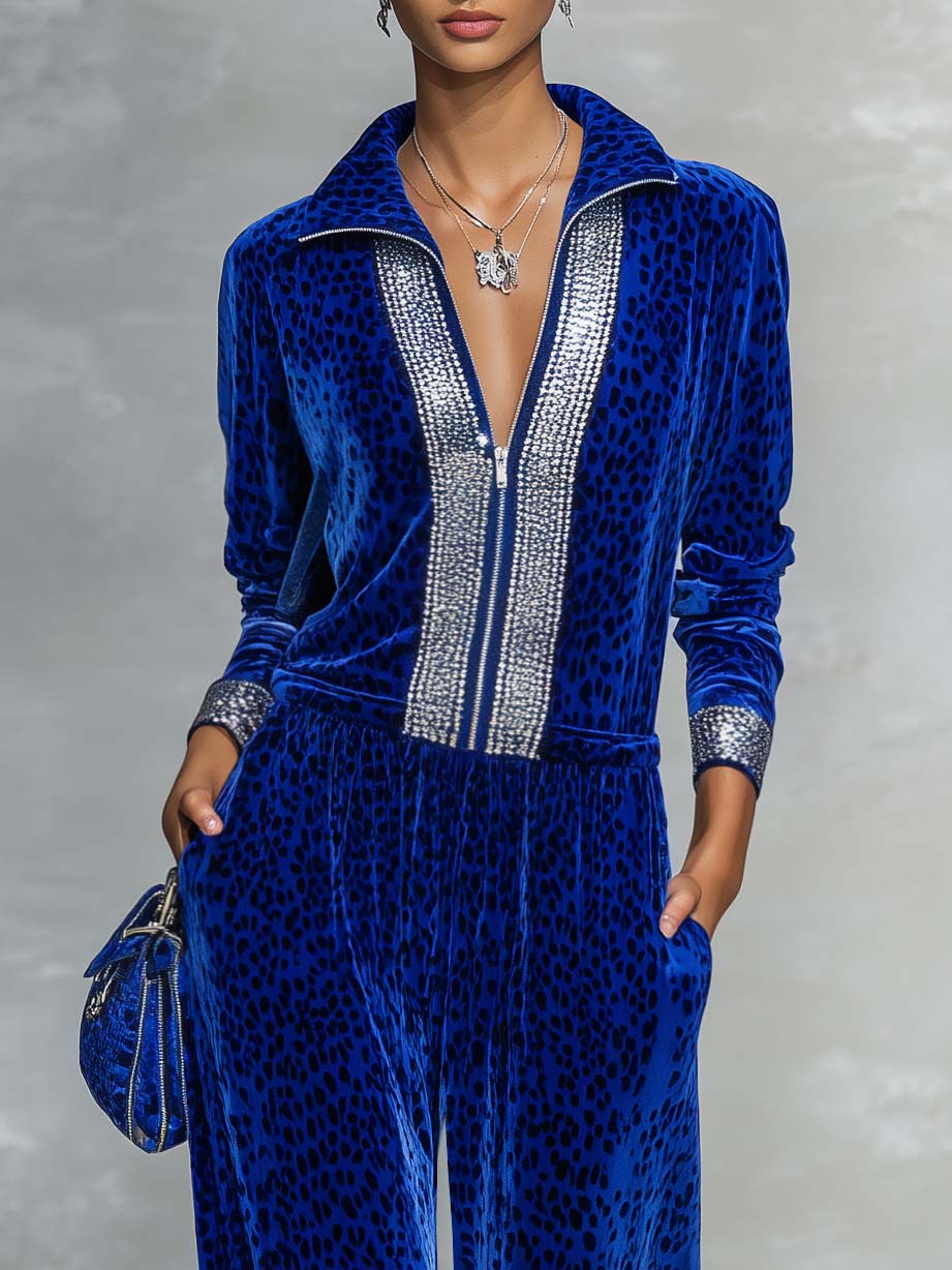 Glam Retro Sporty Women's Royal Blue Velvet Leopard Rhinestone Zip Top Pants Set