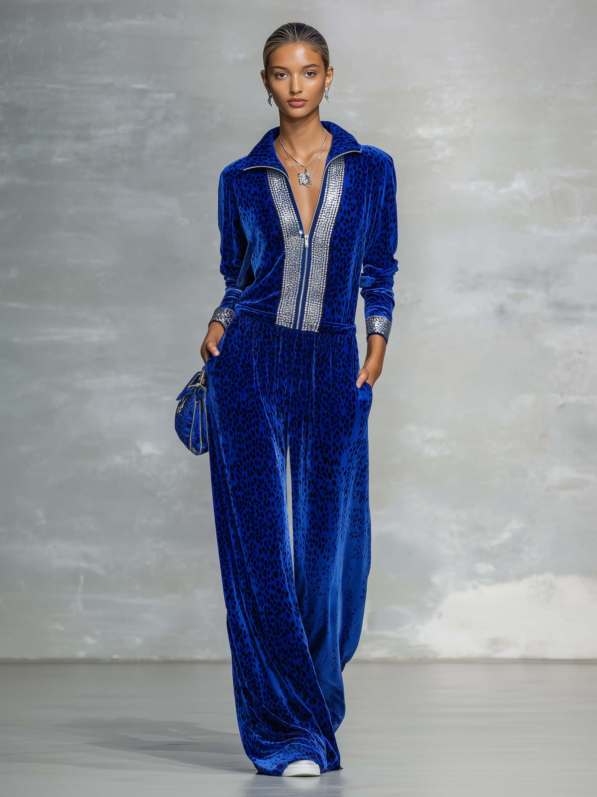 Glam Retro Sporty Women's Royal Blue Velvet Leopard Rhinestone Zip Top Pants Set