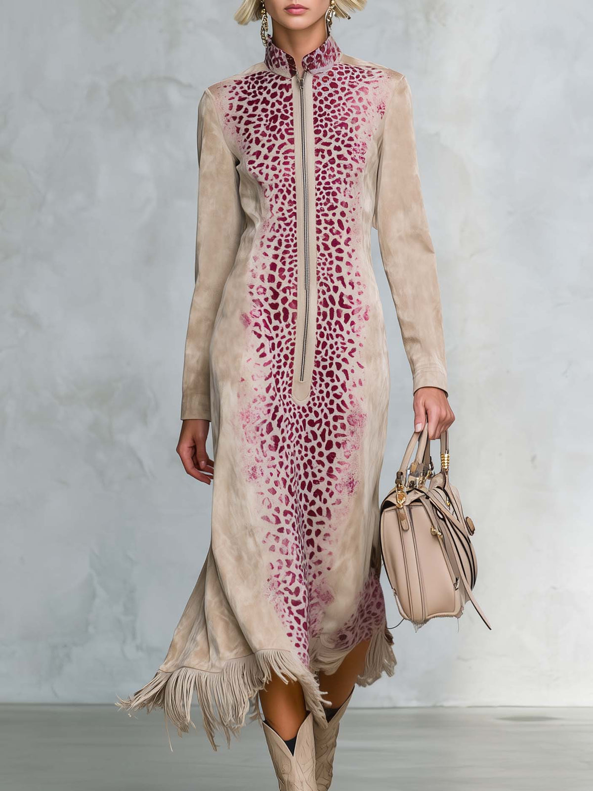 Western Boho Women's Tan Suede Leopard Print Zip Front Fringe Midi Dress