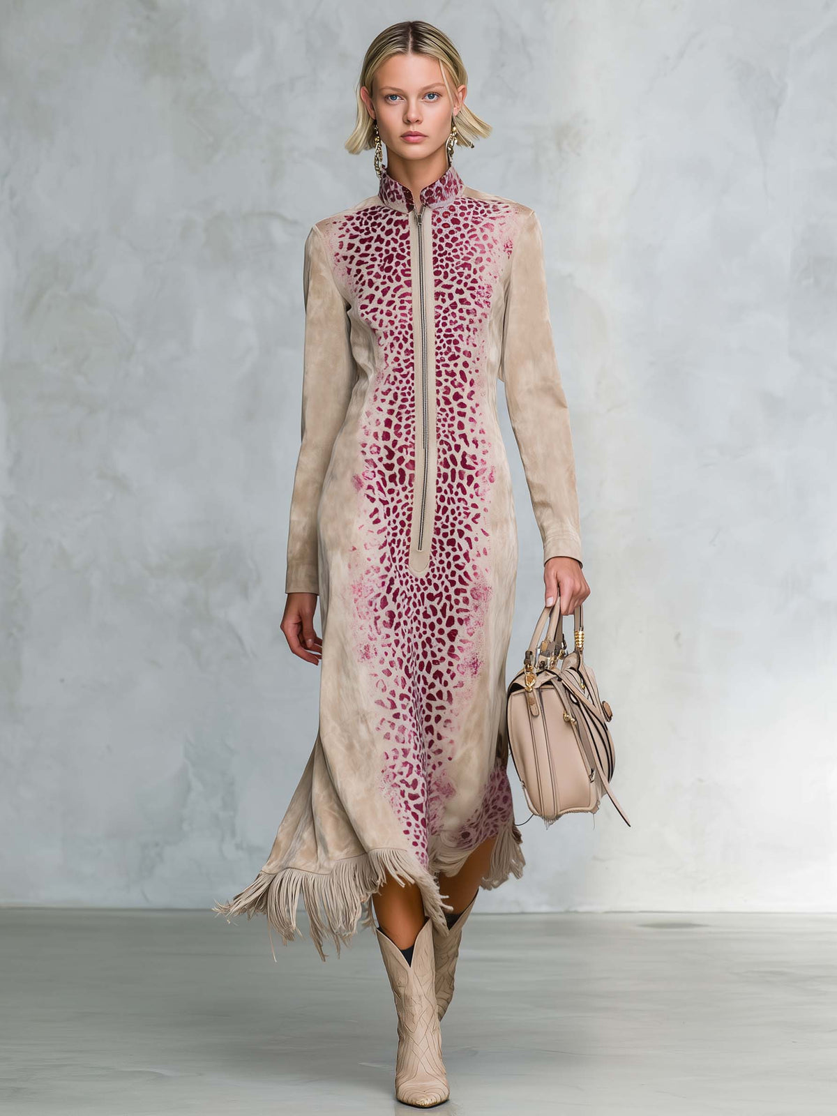 Western Boho Women's Tan Suede Leopard Print Zip Front Fringe Midi Dress