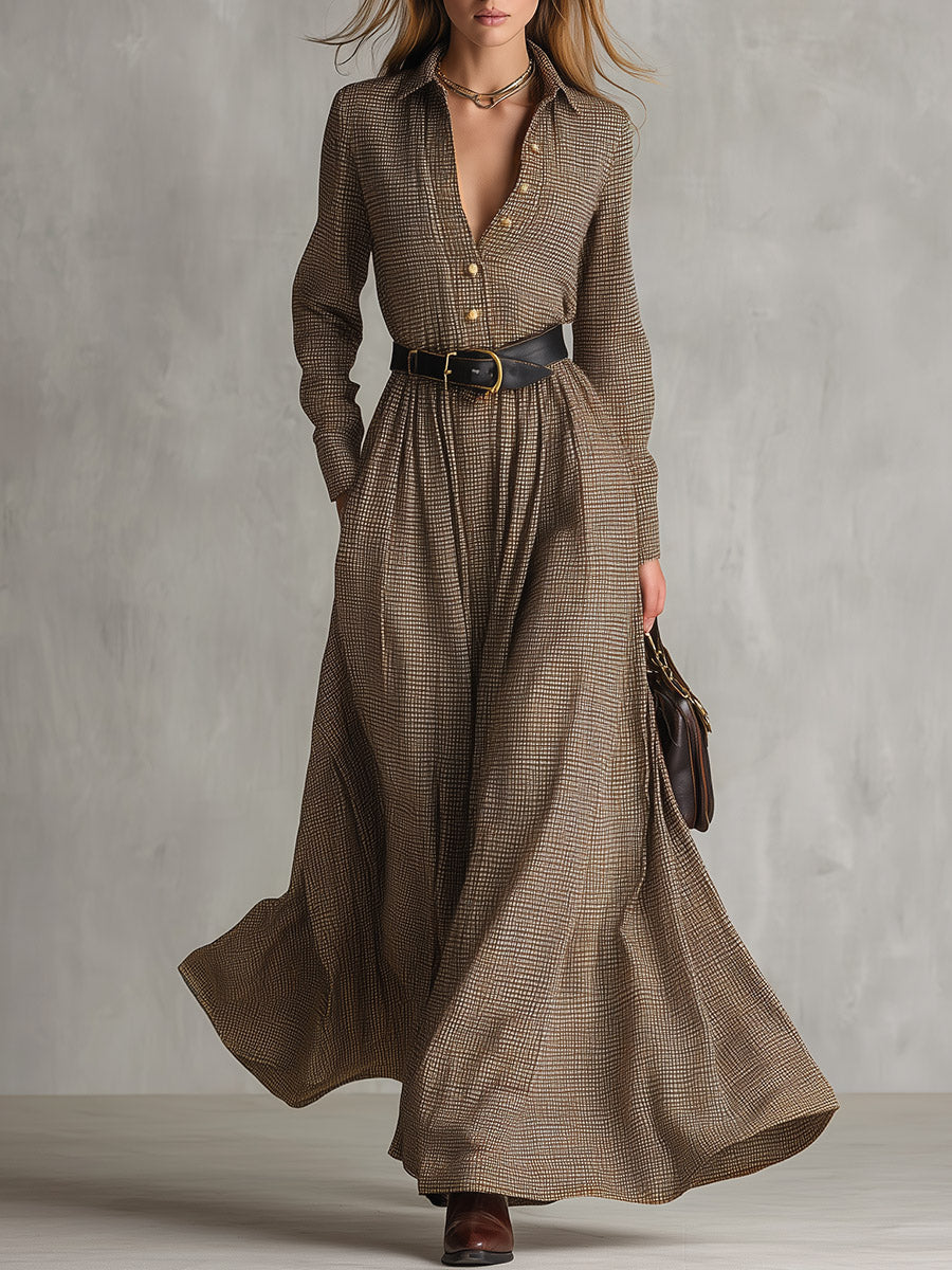 Women's Brown Yarn-Dyed Plaid Long-Sleeve Collared Maxi Dress
