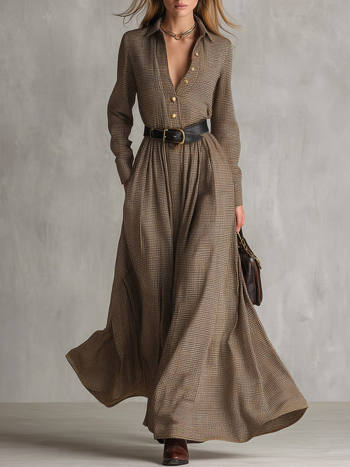 Women's Brown Yarn-Dyed Plaid Long-Sleeve Collared Maxi Dress