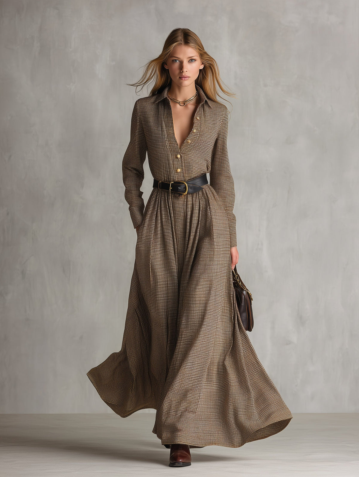 Women's Brown Yarn-Dyed Plaid Long-Sleeve Collared Maxi Dress