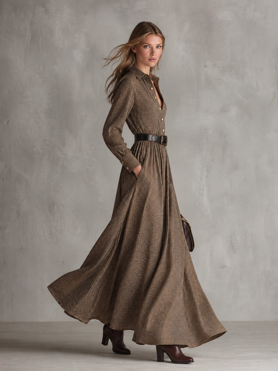 Women's Brown Yarn-Dyed Plaid Long-Sleeve Collared Maxi Dress
