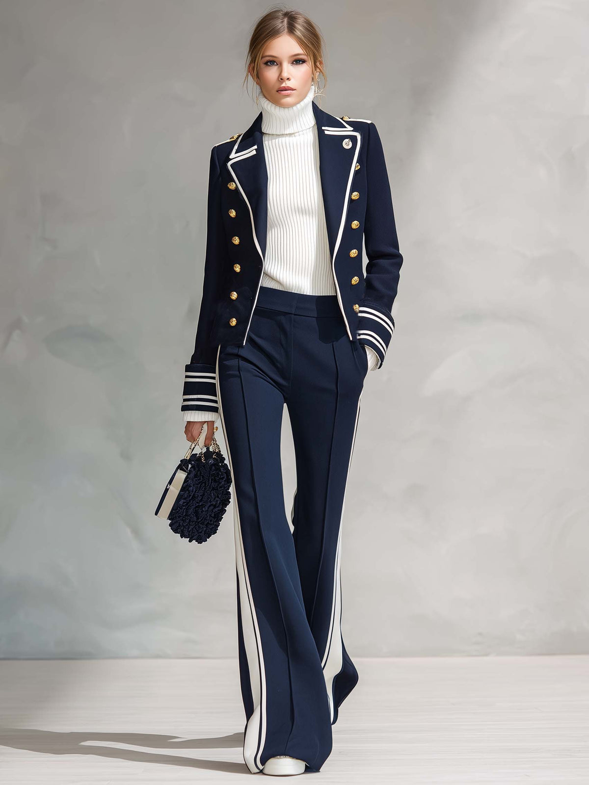 Nautical Military Women's Navy Gold Button Cropped Jacket Striped Wide Leg Pants Set