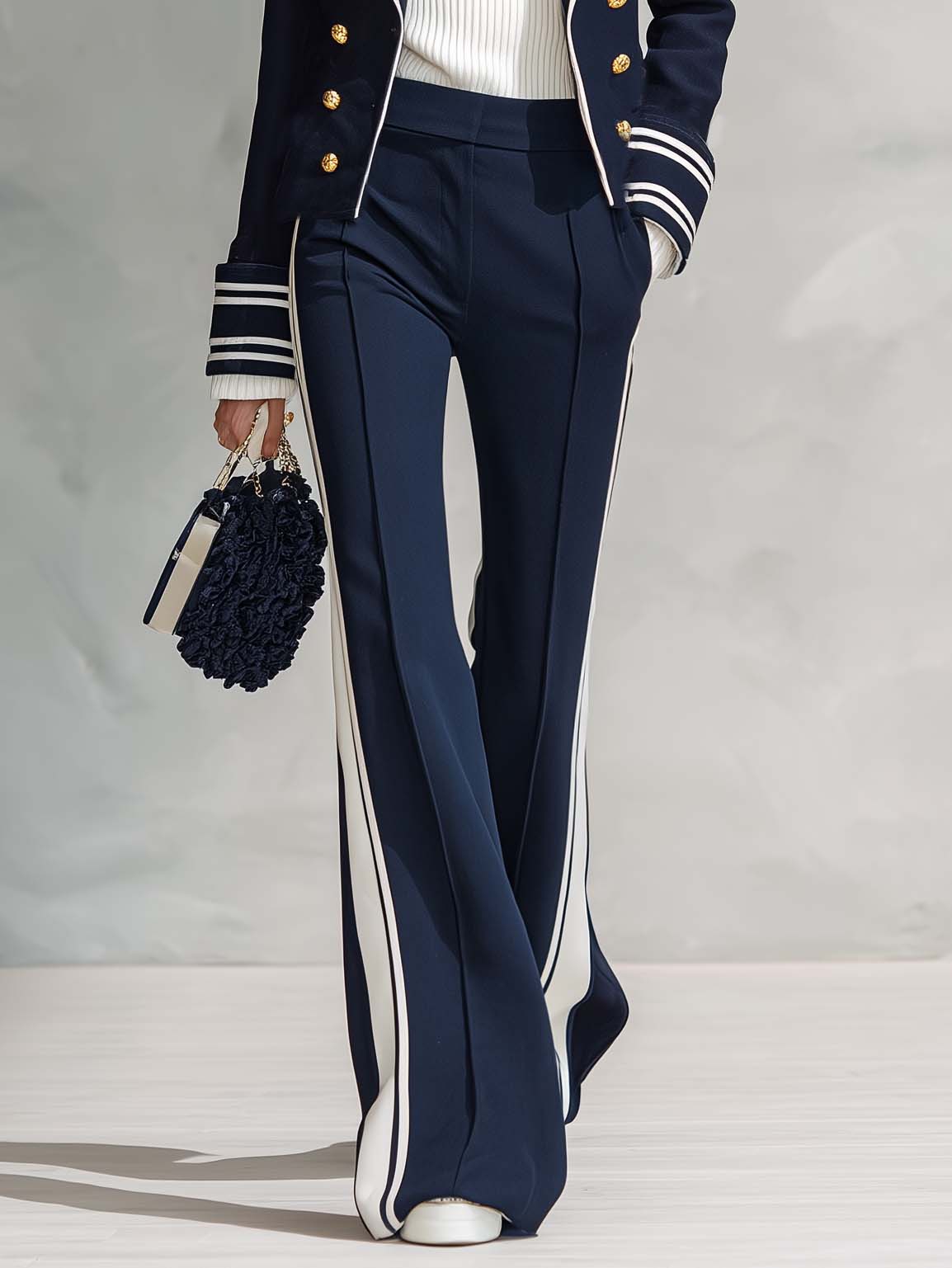 Nautical Military Women's Navy Gold Button Cropped Jacket Striped Wide Leg Pants Set