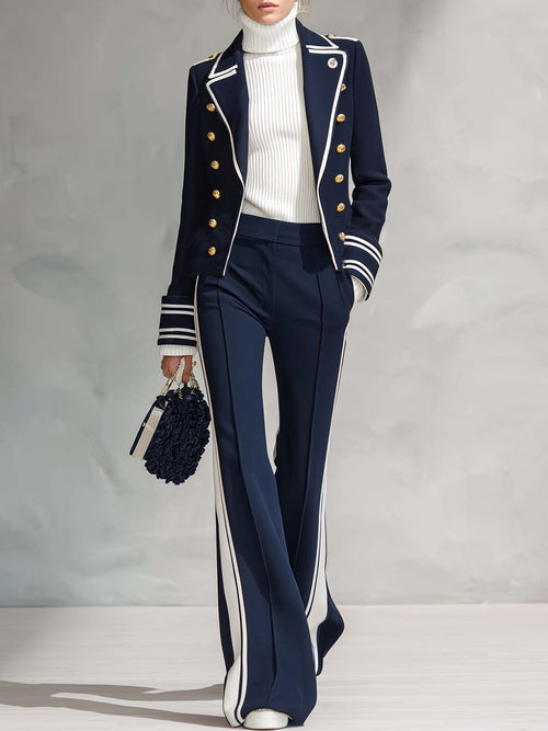 Nautical Military Women's Navy Gold Button Cropped Jacket Striped Wide Leg Pants Set