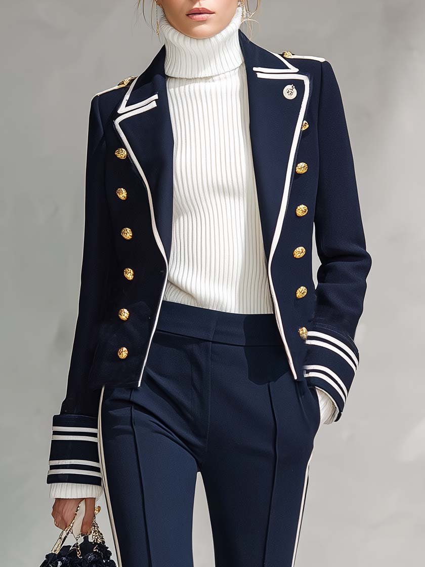 Nautical Military Women's Navy Gold Button Cropped Jacket Striped Wide Leg Pants Set