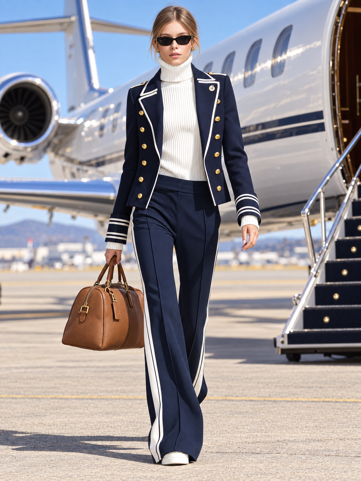 Nautical Military Women's Navy Gold Button Cropped Jacket Striped Wide Leg Pants Set