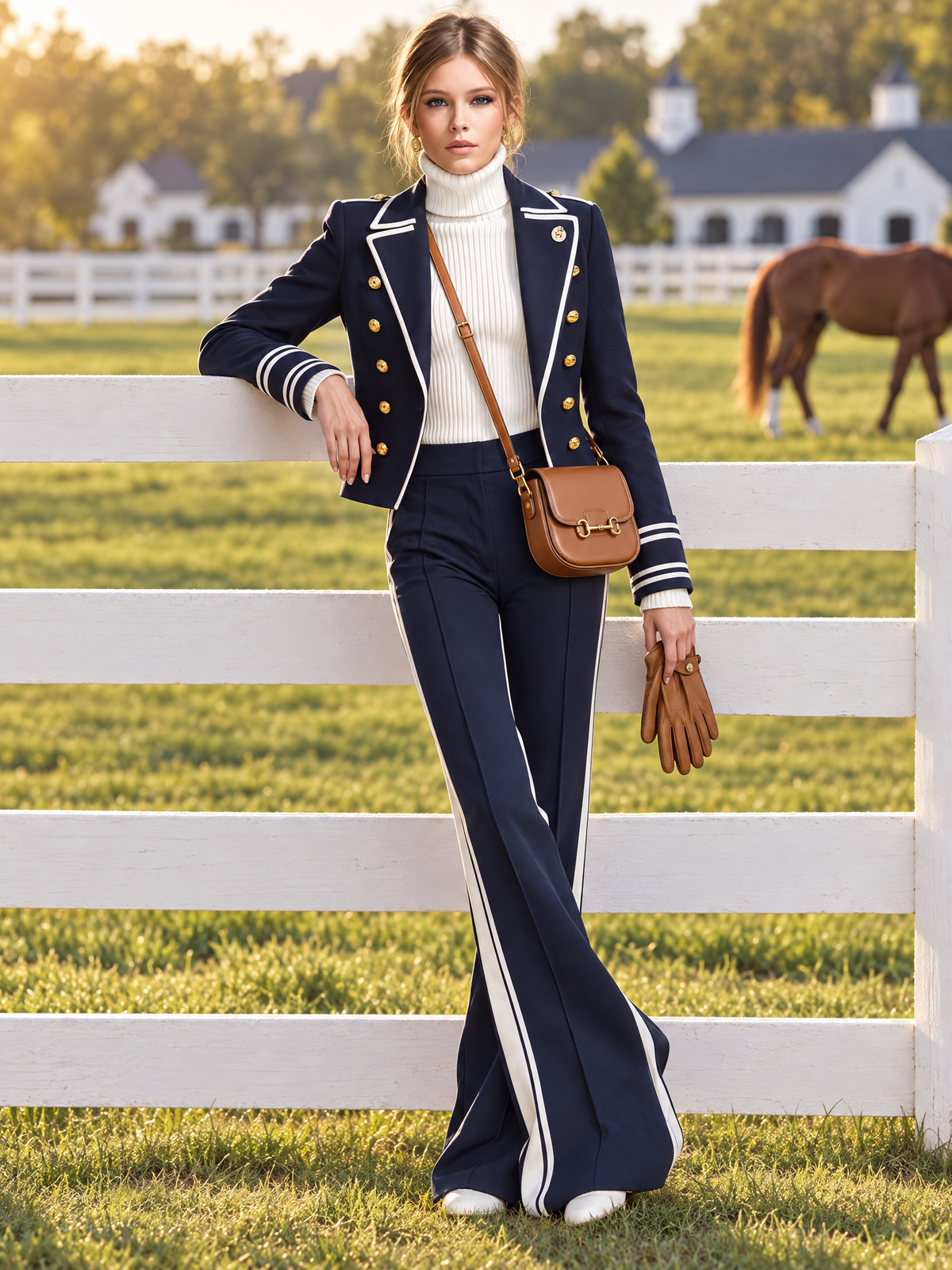Nautical Military Women's Navy Gold Button Cropped Jacket Striped Wide Leg Pants Set
