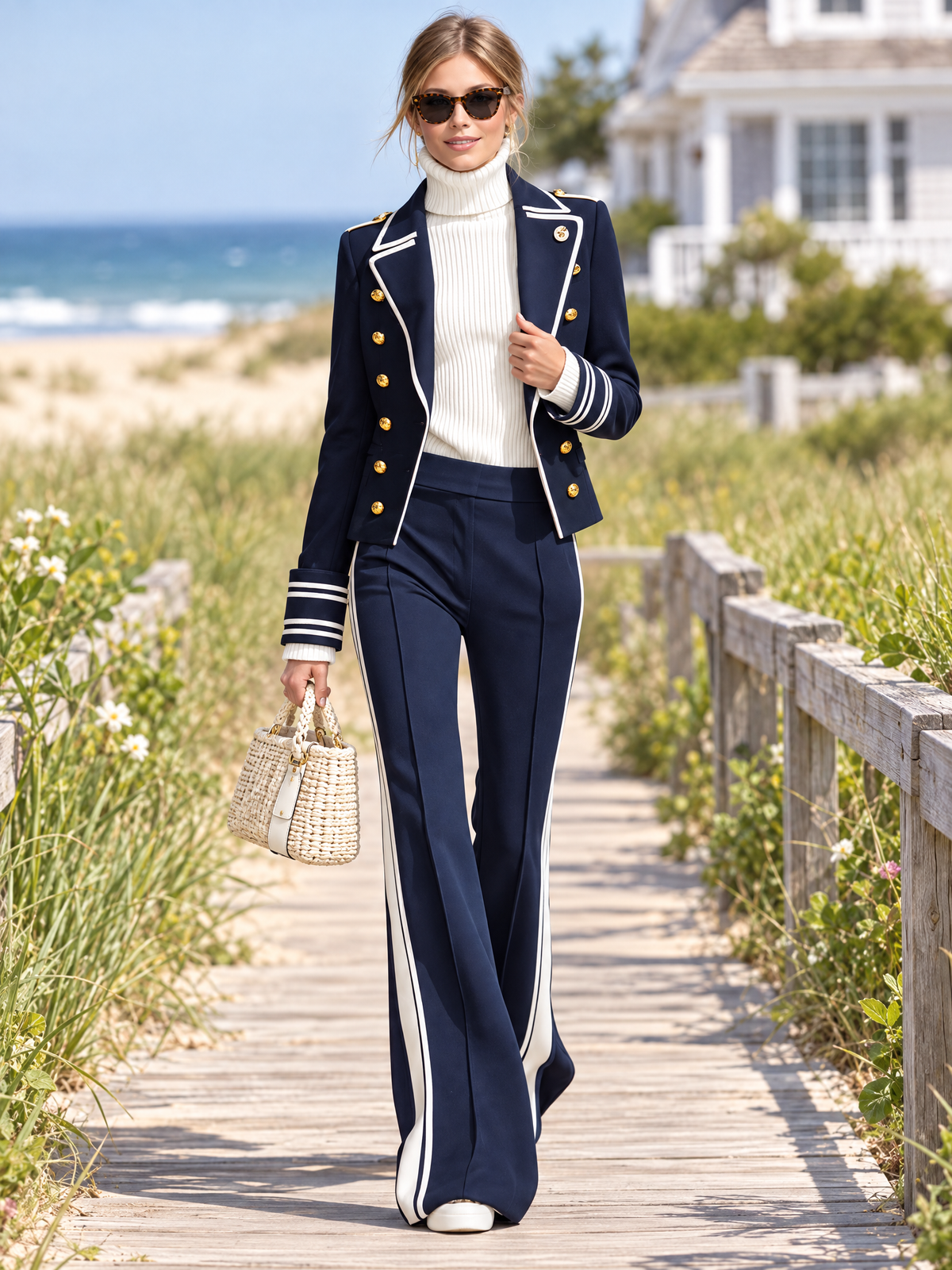 Nautical Military Women's Navy Gold Button Cropped Jacket Striped Wide Leg Pants Set