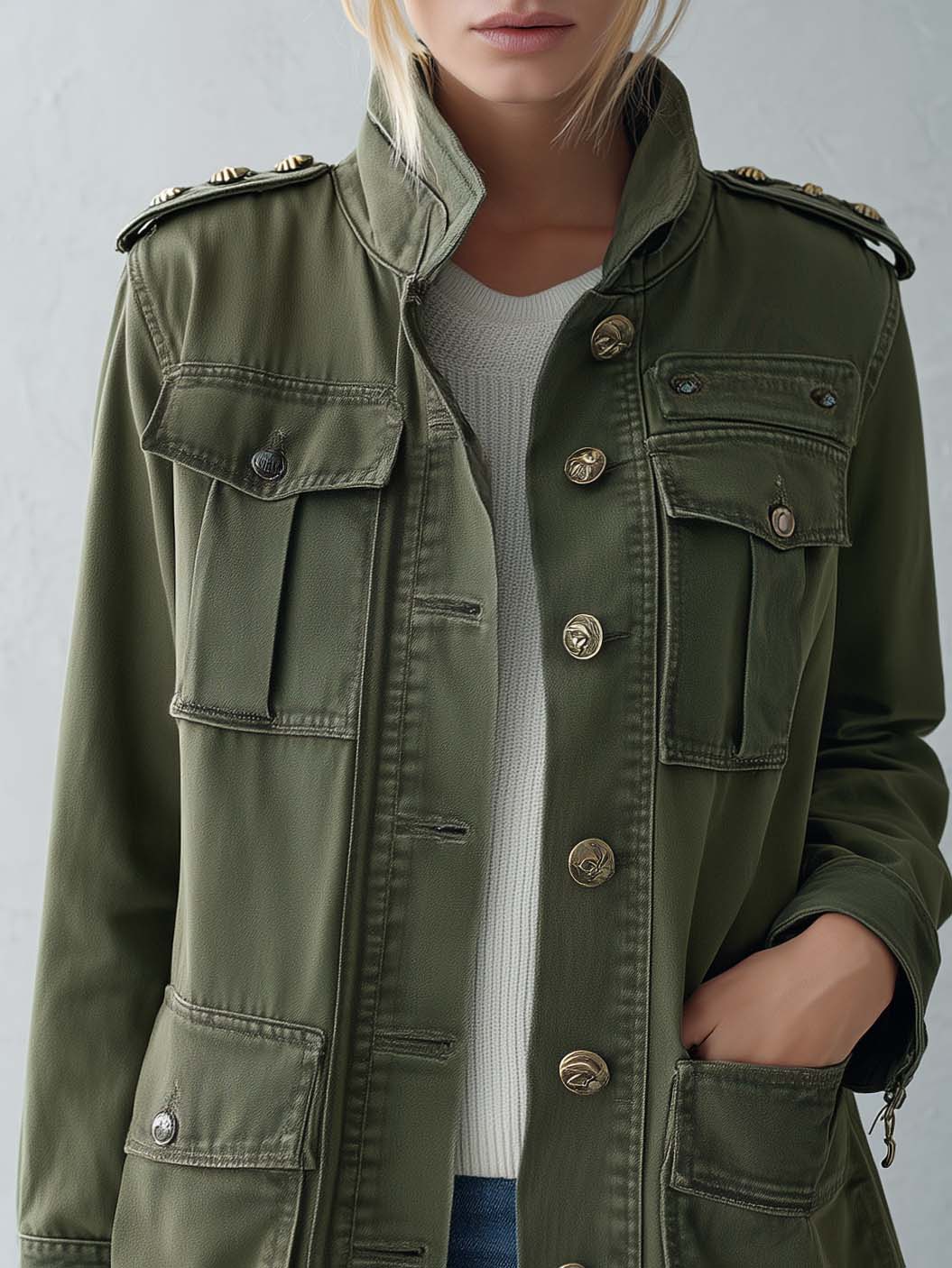 Vintage Military Women's Olive Green Utility Jacket Gold Button Field Anorak