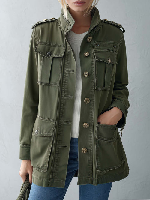 Vintage Military Women's Olive Green Utility Jacket Gold Button Field Anorak