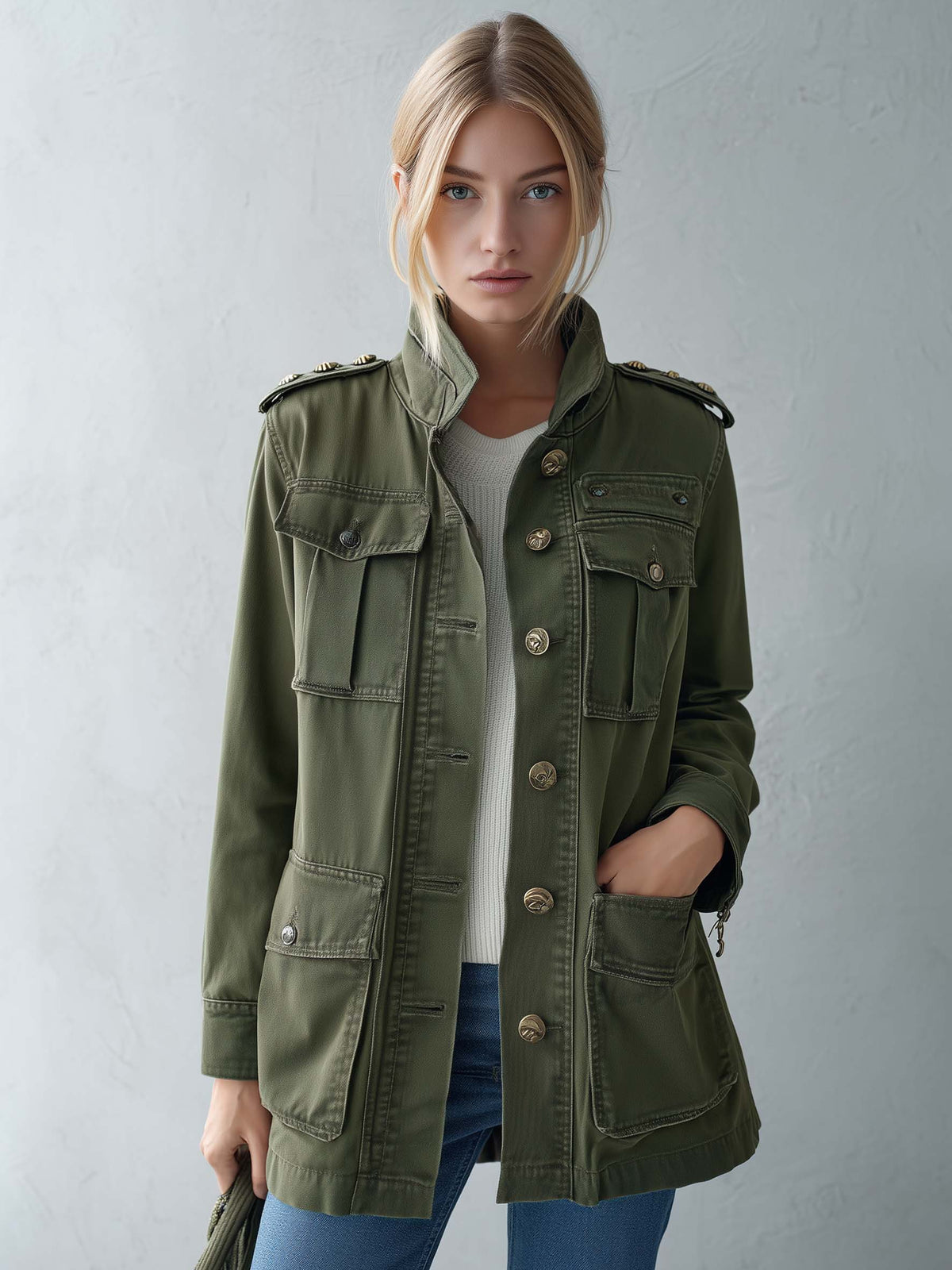 Vintage Military Women's Olive Green Utility Jacket Gold Button Field Anorak