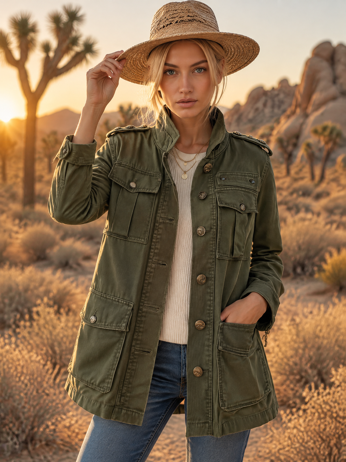 Vintage Military Women's Olive Green Utility Jacket Gold Button Field Anorak