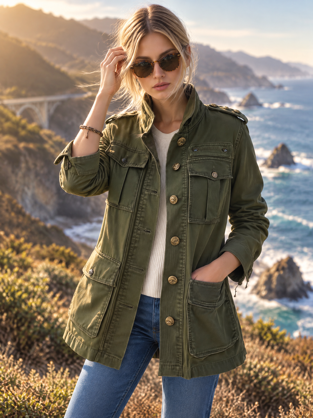 Vintage Military Women's Olive Green Utility Jacket Gold Button Field Anorak