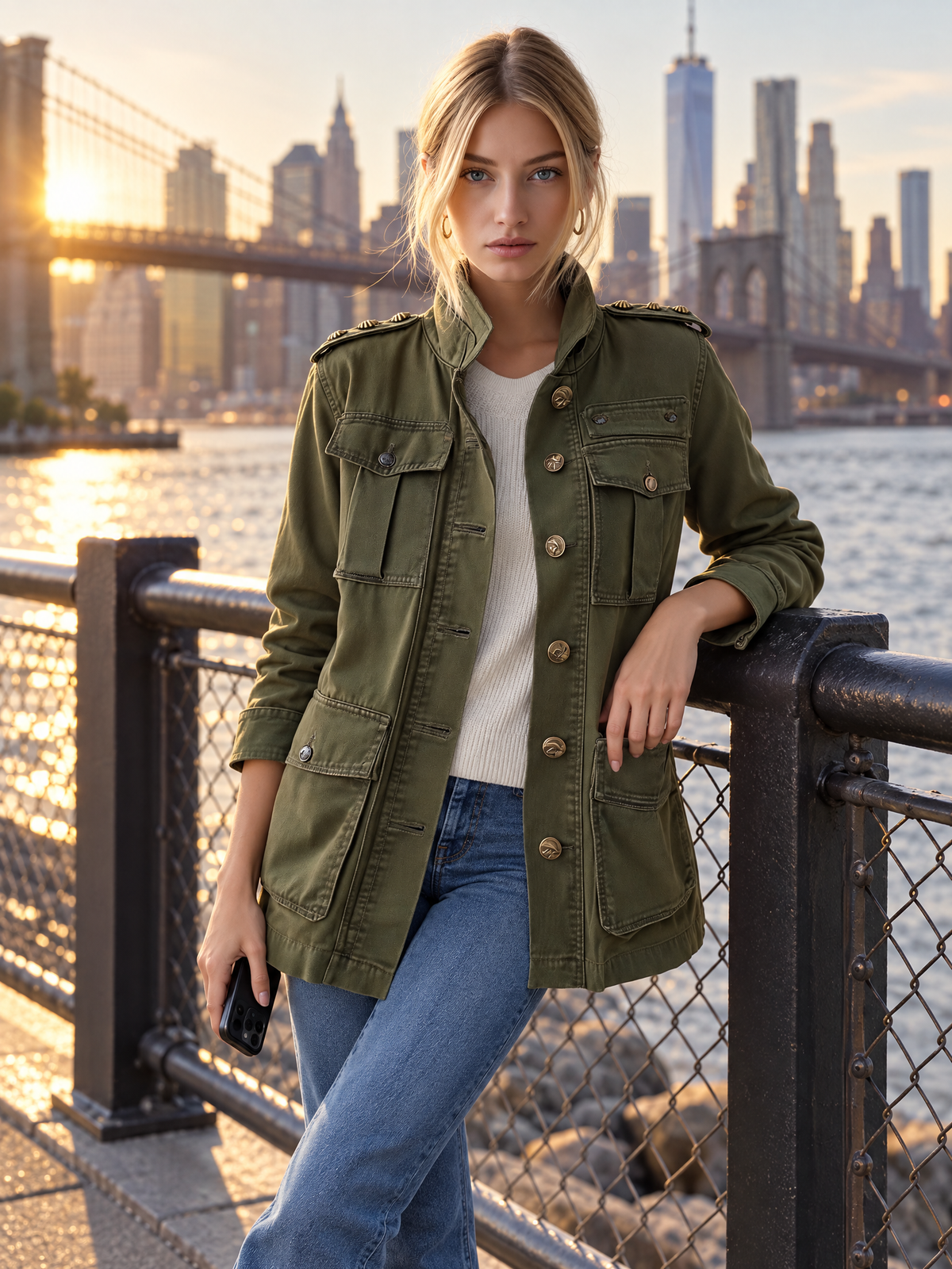 Vintage Military Women's Olive Green Utility Jacket Gold Button Field Anorak