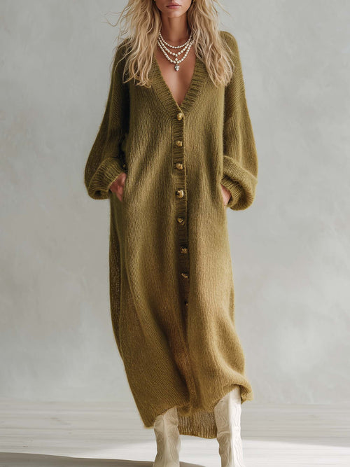 Lazy Boho Women's Olive Green Chunky Knit Maxi Cardigan Dress Duster Sweater