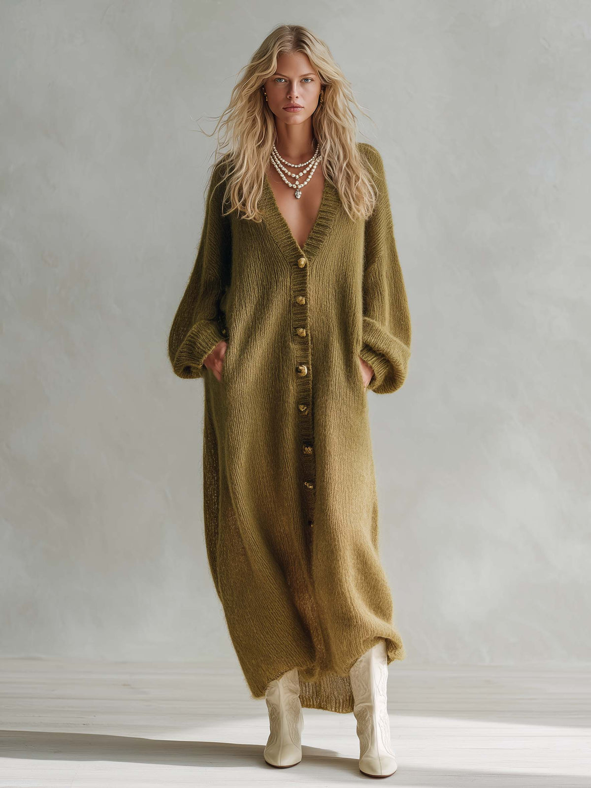 Lazy Boho Women's Olive Green Chunky Knit Maxi Cardigan Dress Duster Sweater