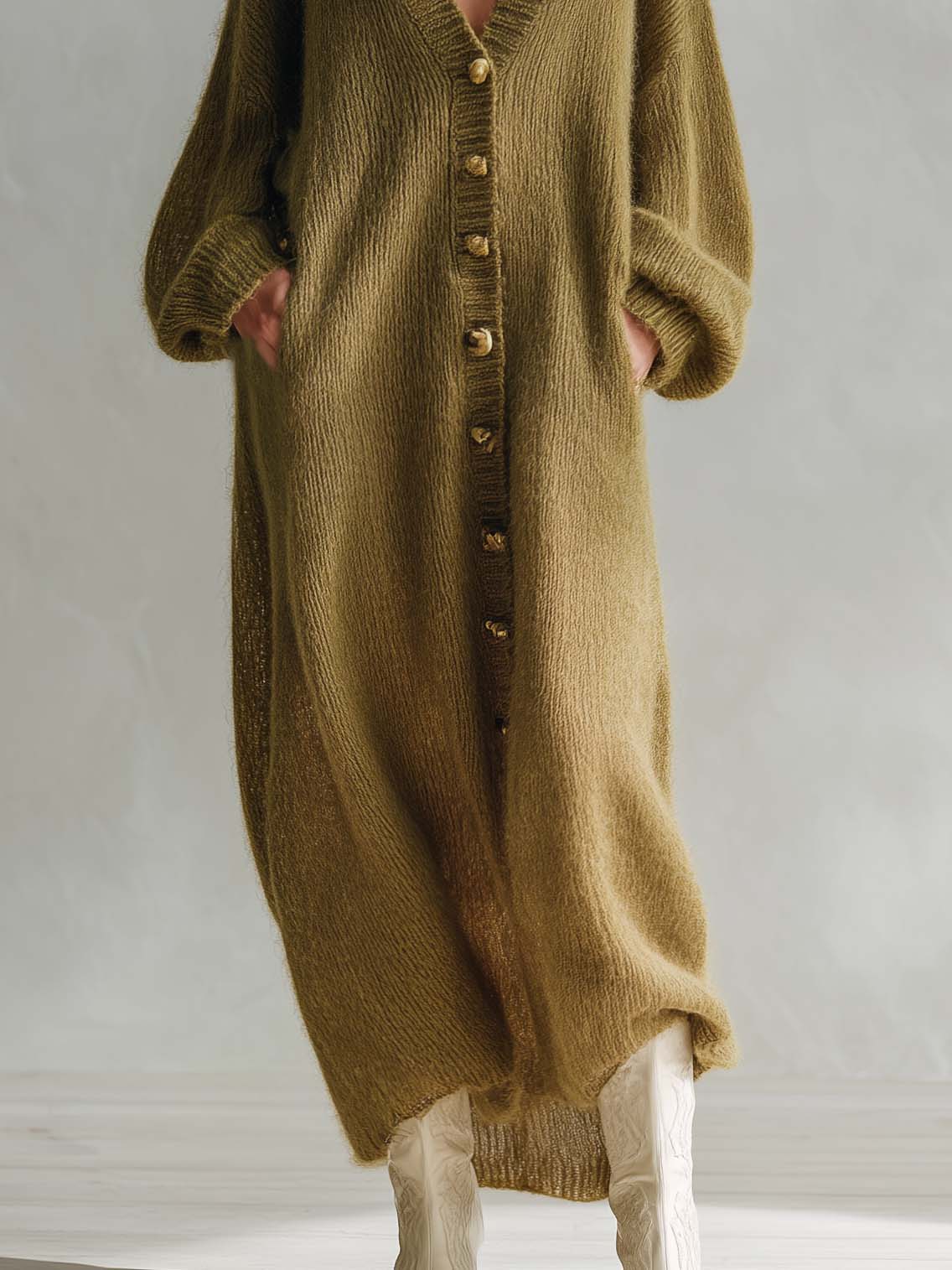 Lazy Boho Women's Olive Green Chunky Knit Maxi Cardigan Dress Duster Sweater