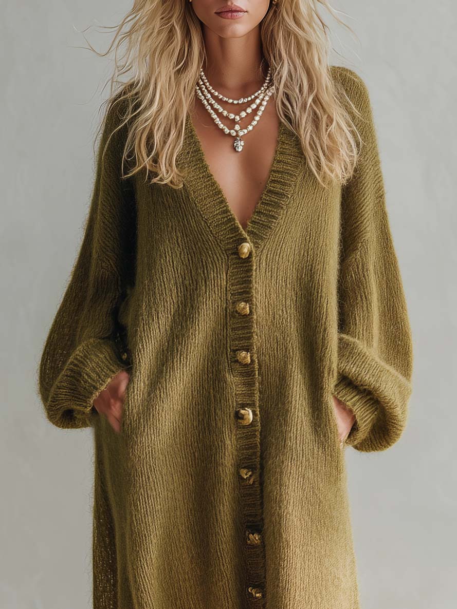 Lazy Boho Women's Olive Green Chunky Knit Maxi Cardigan Dress Duster Sweater