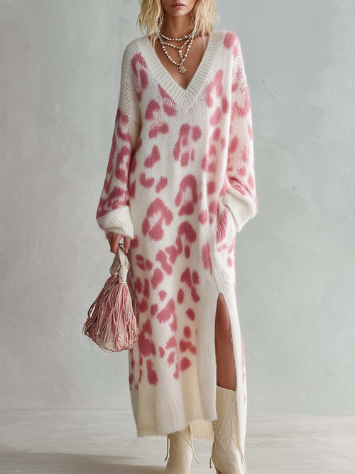 Boho Chic Women's Pink Leopard Knit V Neck Maxi Sweater Dress