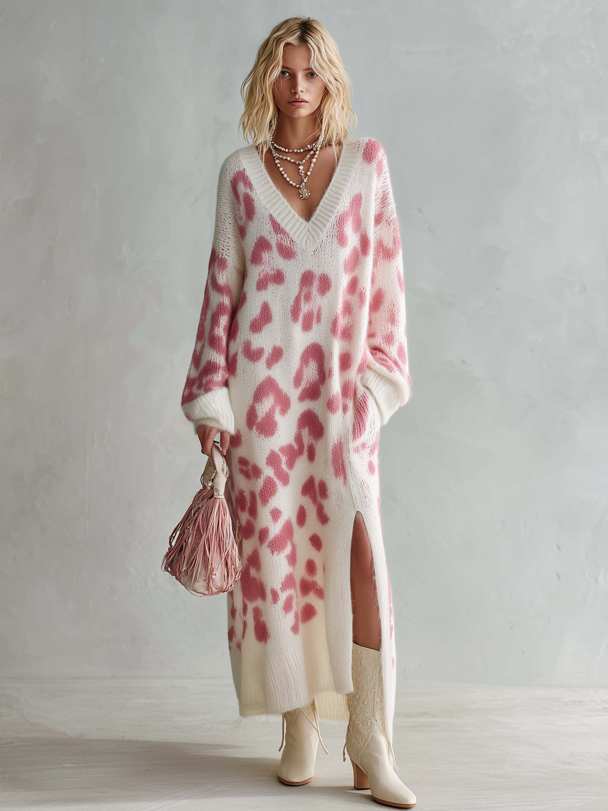 Boho Chic Women's Pink Leopard Knit V Neck Maxi Sweater Dress