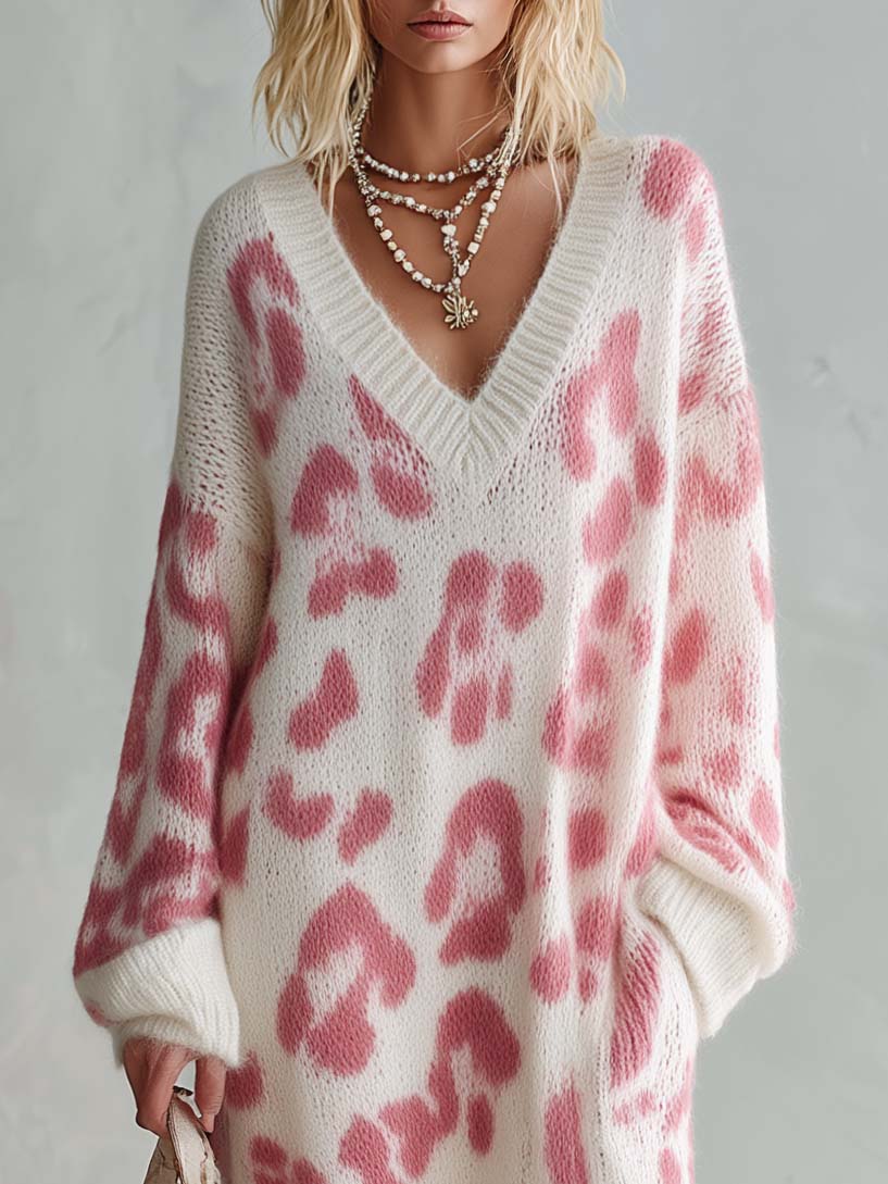 Boho Chic Women's Pink Leopard Knit V Neck Maxi Sweater Dress