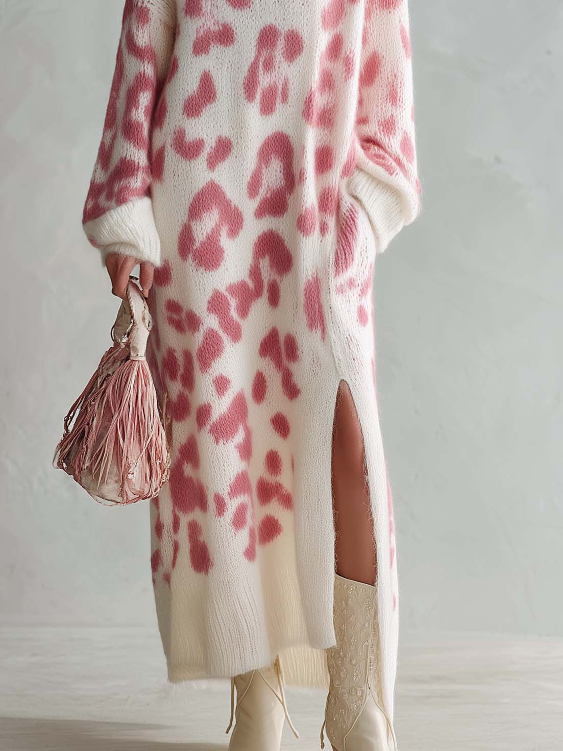 Boho Chic Women's Pink Leopard Knit V Neck Maxi Sweater Dress