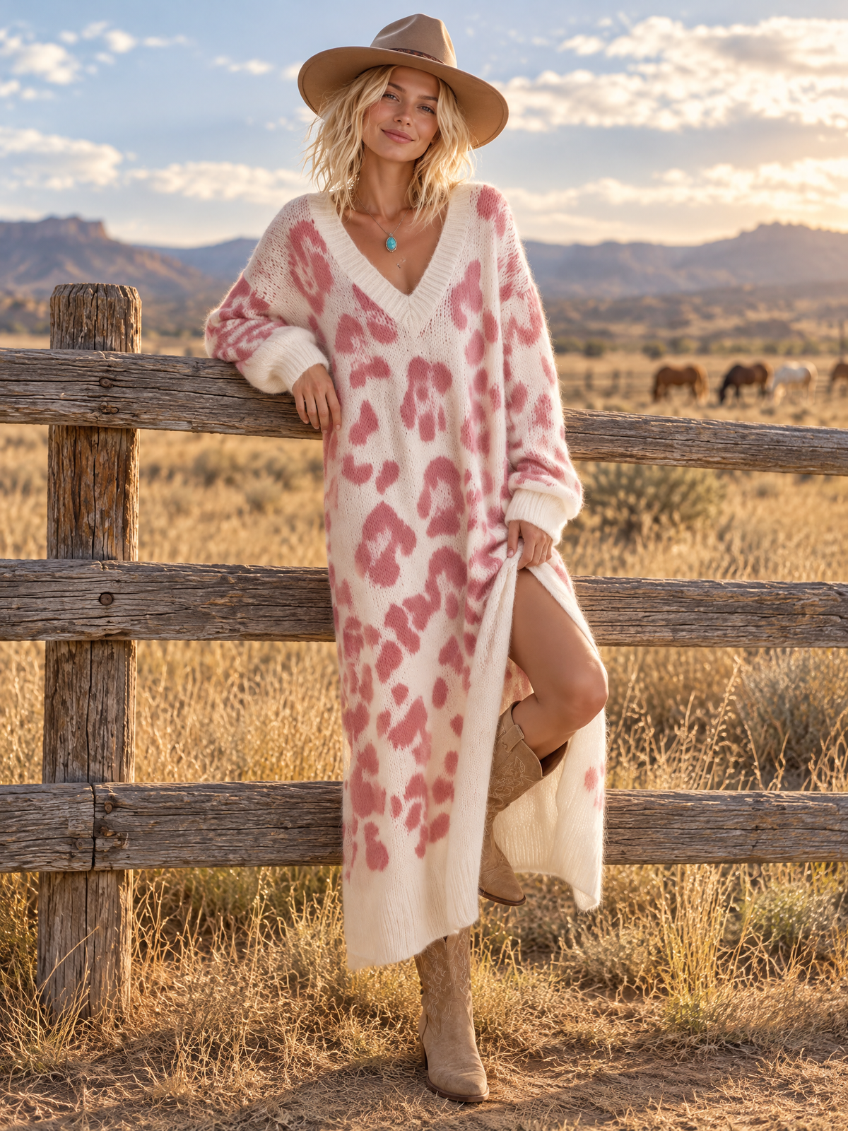 Boho Chic Women's Pink Leopard Knit V Neck Maxi Sweater Dress
