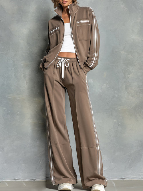 Casual Striped-trim Tan Sweatshirt Jacket And Pants Cotton Set