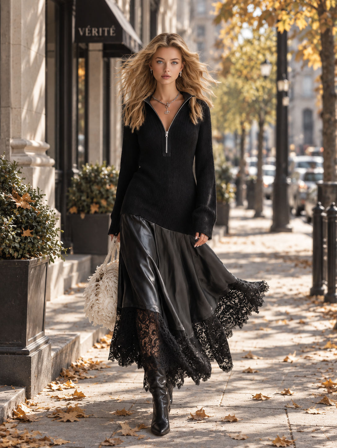 Elegant Urban Style Lace-Hem Black Knit & PU Patchwork Maxi Dress